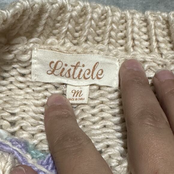 Listicle Gabbie Crochet Sweater Womens M Beige Granny Square Cottagecore Boho - Picture 6 of 11